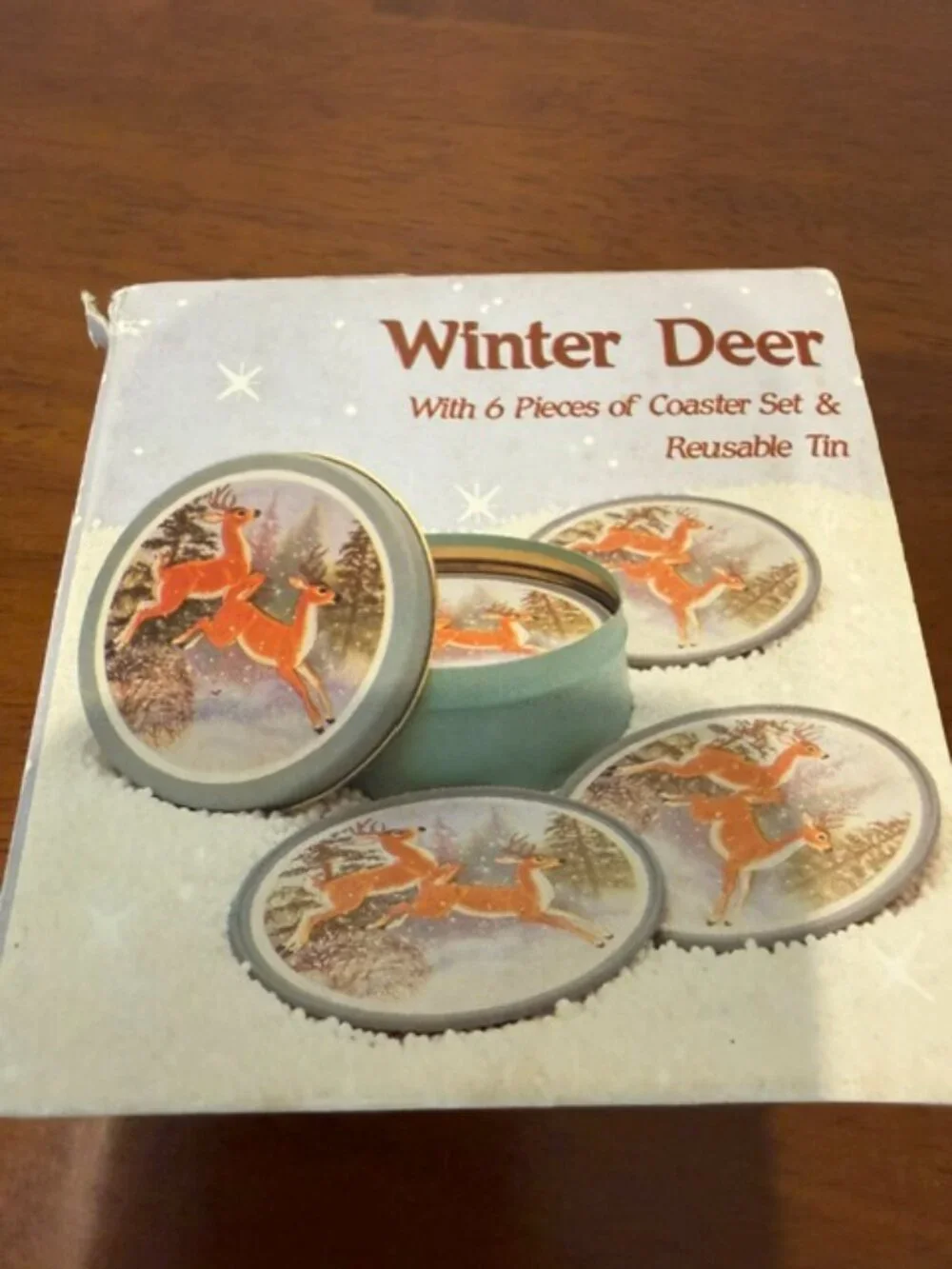 VTG JSNY Cottagecore Winter Deer Coasters 6pc Set With Tin